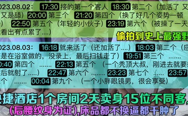 偷拍到史上最强野鸡快捷酒店1个房间2天卖身15位不同客人后腰纹身为证床品都不换逼都干肿了