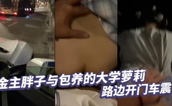 金主胖子与包养的大学萝莉路边开门车震